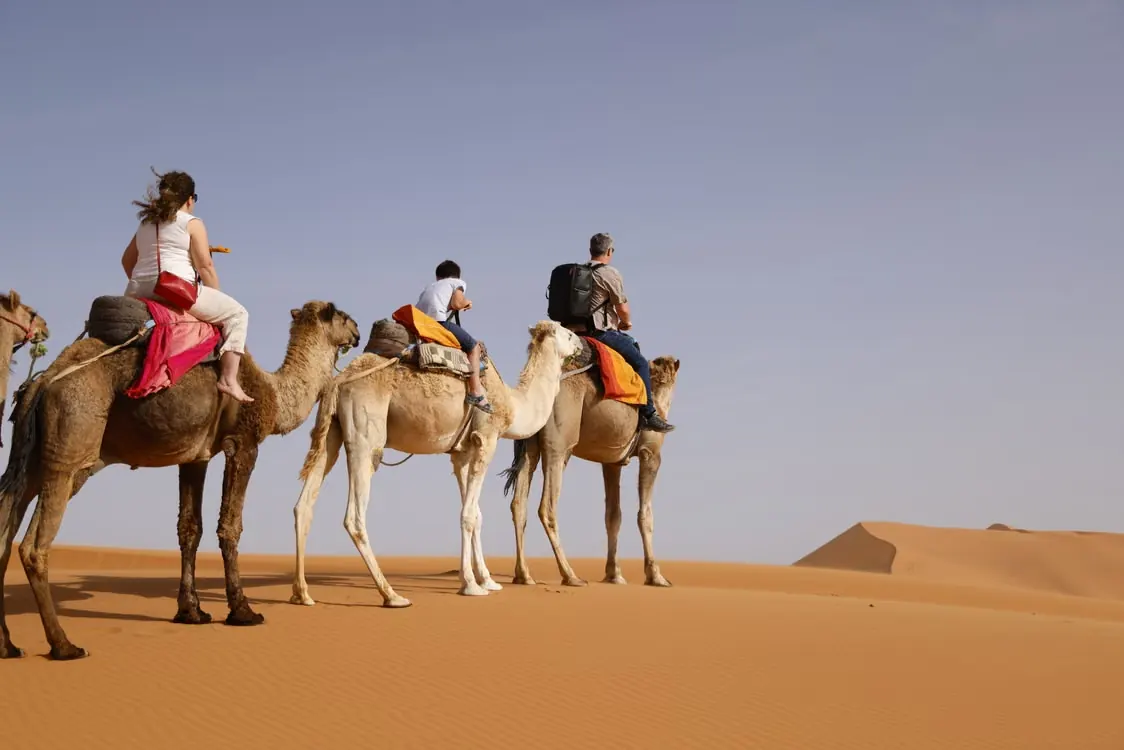 Famille à dos de dromadaire dans les dunes
