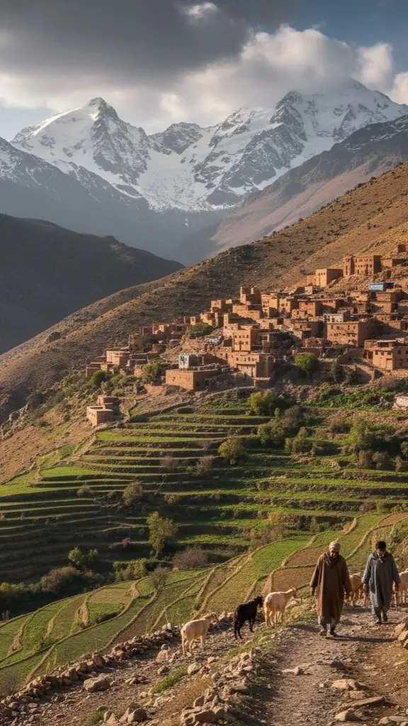 Village berbère en terrasses au pied des sommets enneigés du Haut Atlas